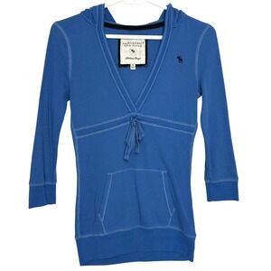 RARE Vintage Y2K Abercrombie Blue Ribbed V Neck Hooded Babydoll Top M